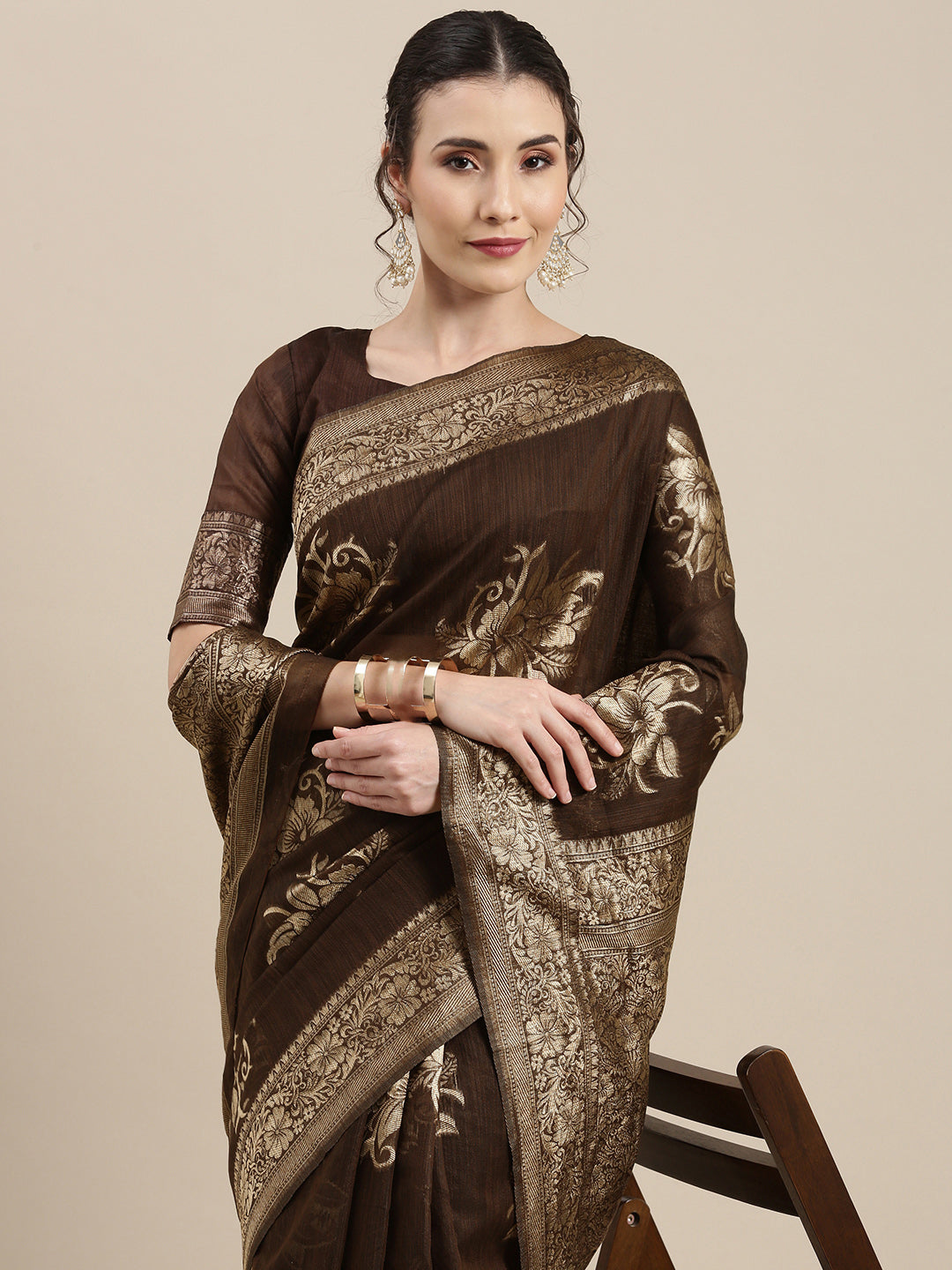 Saree Mall Brown Floral Linen Blend Banarasi Saree