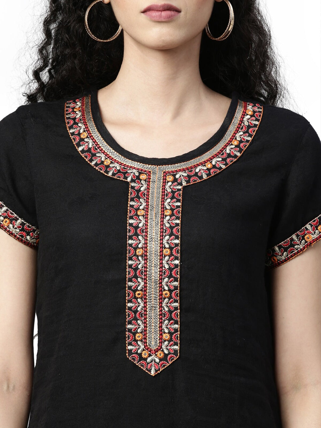 Souchii Black Embroidered Mirror Work Kurti