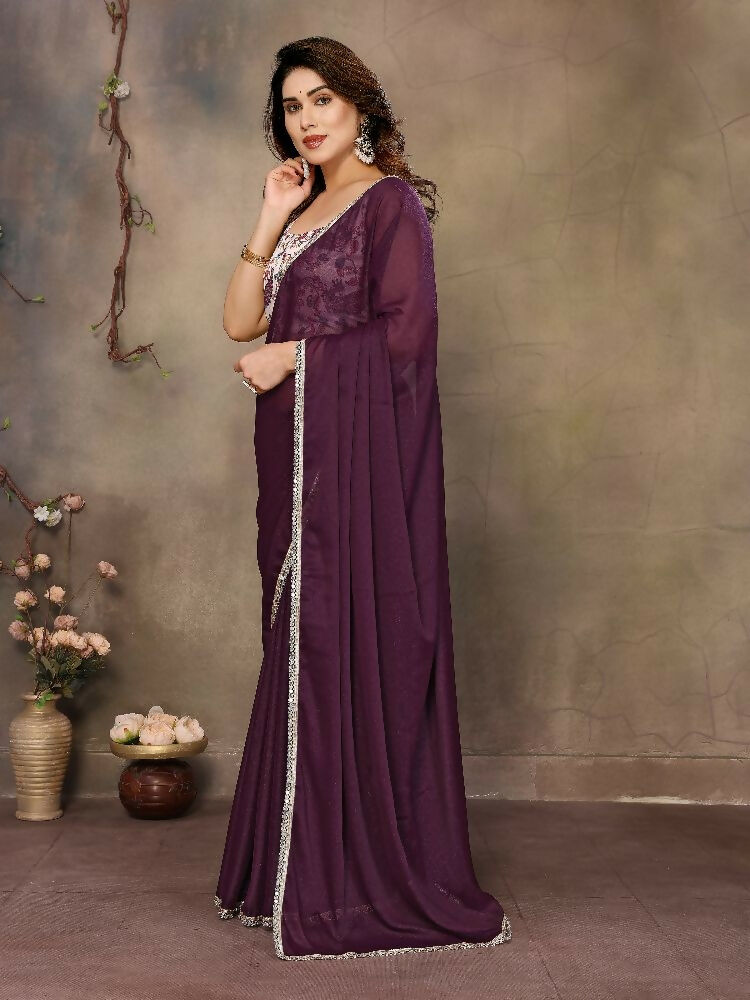 PR Fashion Wine Star Georgette Solid Georgette With Mirror Border Saree