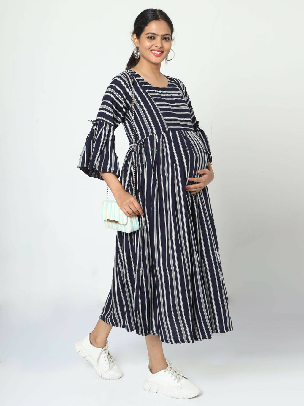 Manet Three Fourth Maternity Dress With Concealed Zipper Nursing Access - Navy Blue