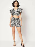 Black Crepe Floral Printed Top with Matching Shorts Set - Shivani