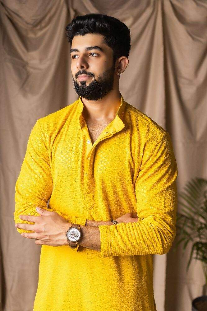 Light Yellow Rayon Thread Embroidery Work Kurta Set - Mahotsav