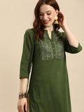 All About You Women Olive Green Geometric Yoke Design Pure Cotton Kurta