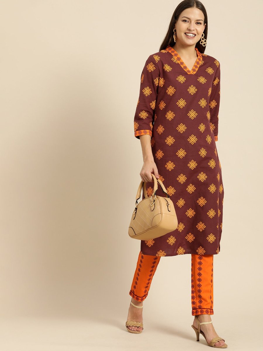 All About You Women Maroon Ethnic Motifs Printed Kurta with Printed Trousers