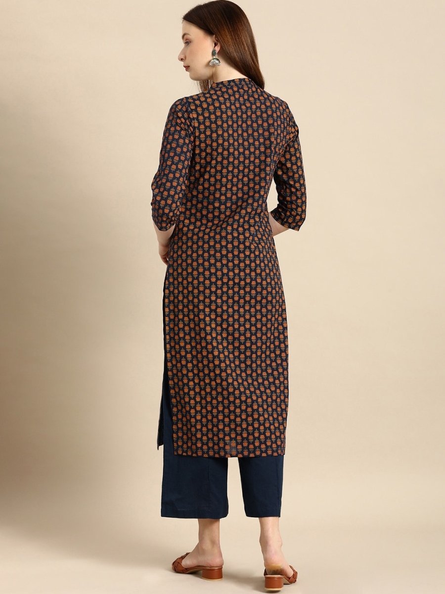 All About You Women Navy Blue & Gold-Toned Ethnic Motifs Printed Regular Kurta