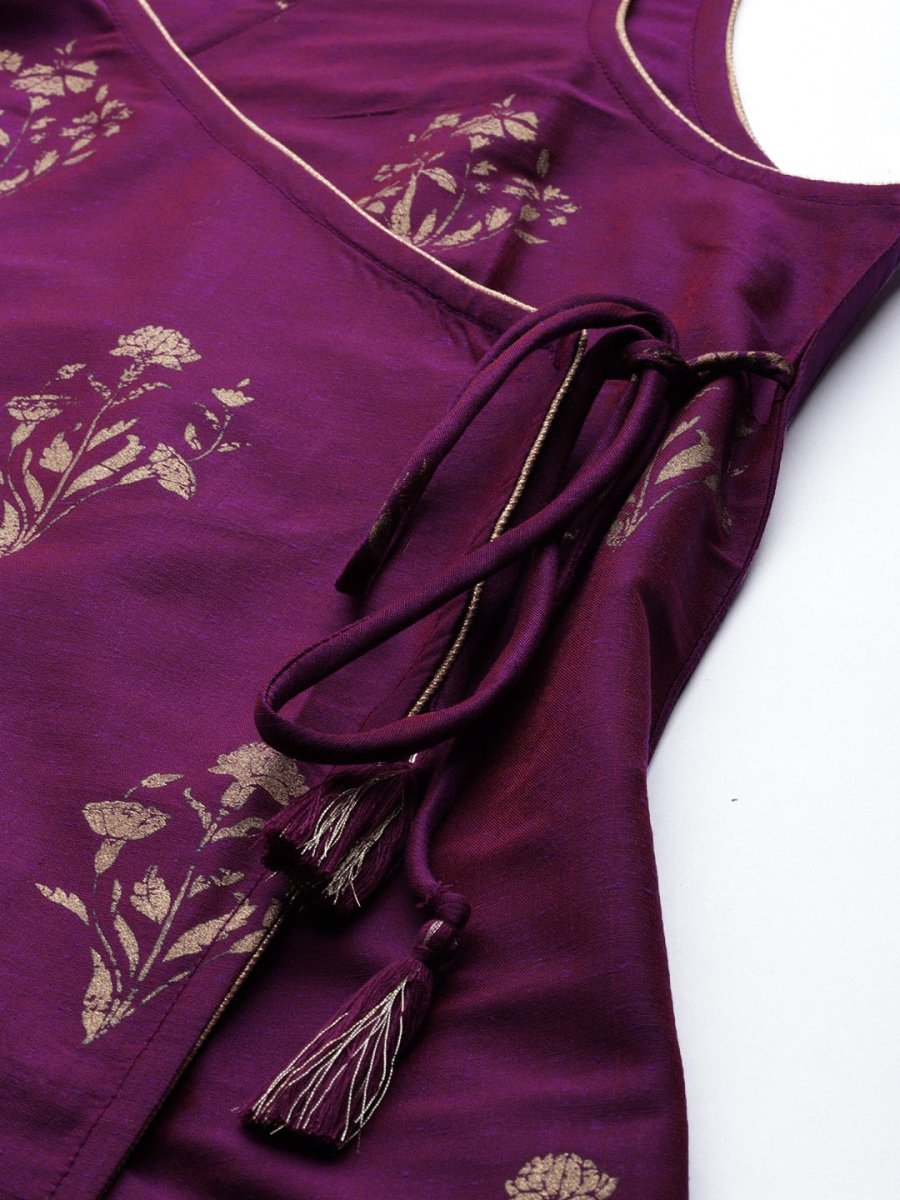All About You Women Purple Ethnic Motifs Foil Printed Angrakha Kurta Set