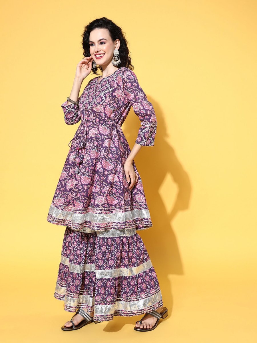 All About You Women Purple Floral Printed Regular Gotta Patti Pure Cotton Kurta with Sharara