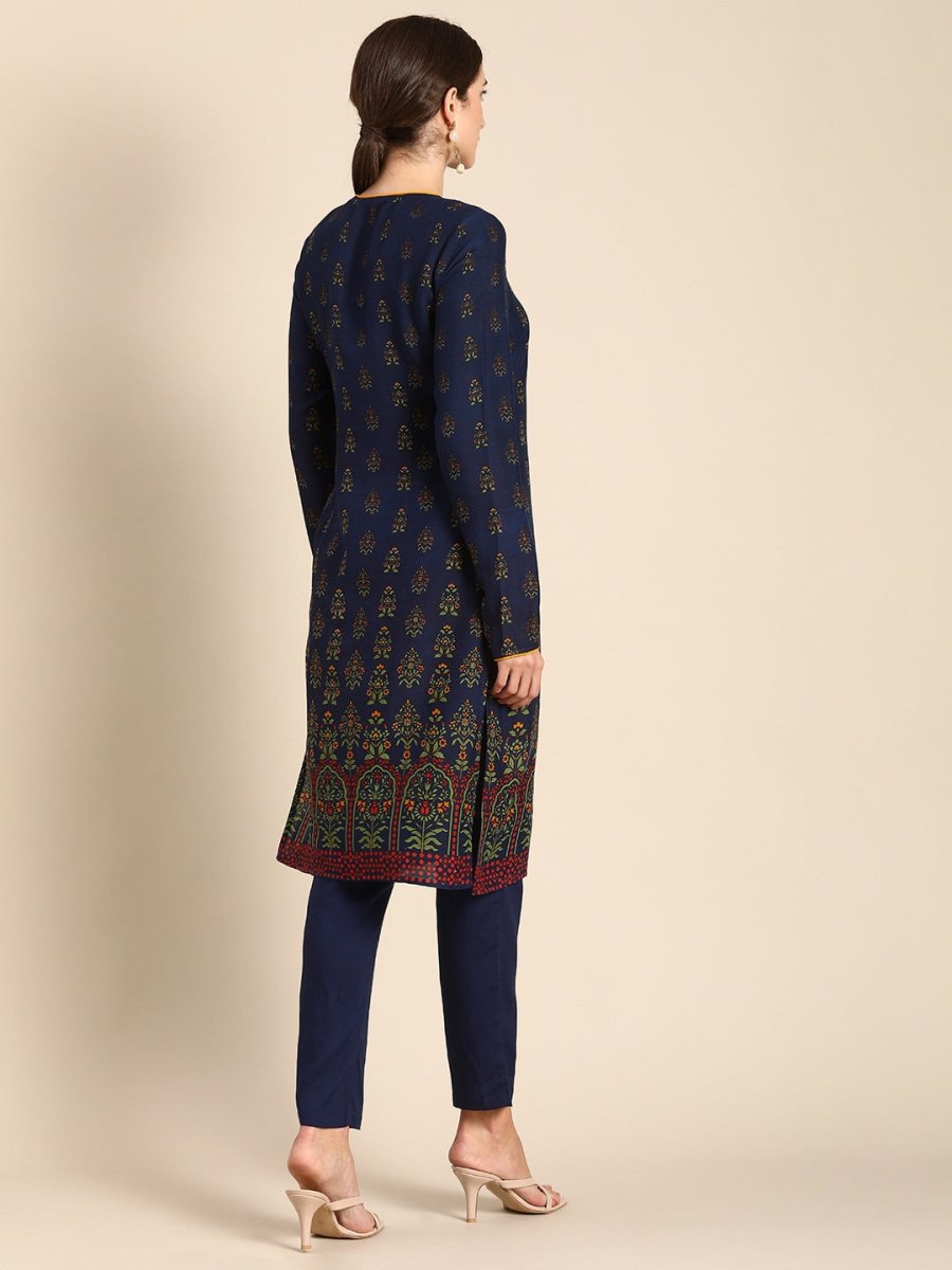 All About You Women Navy Blue Floral Printed Regular Long Sleeves Kurta with Trousers