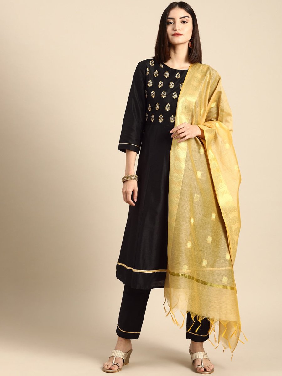 All About You Women Black Printed Regular Kurta with Trousers & With Dupatta