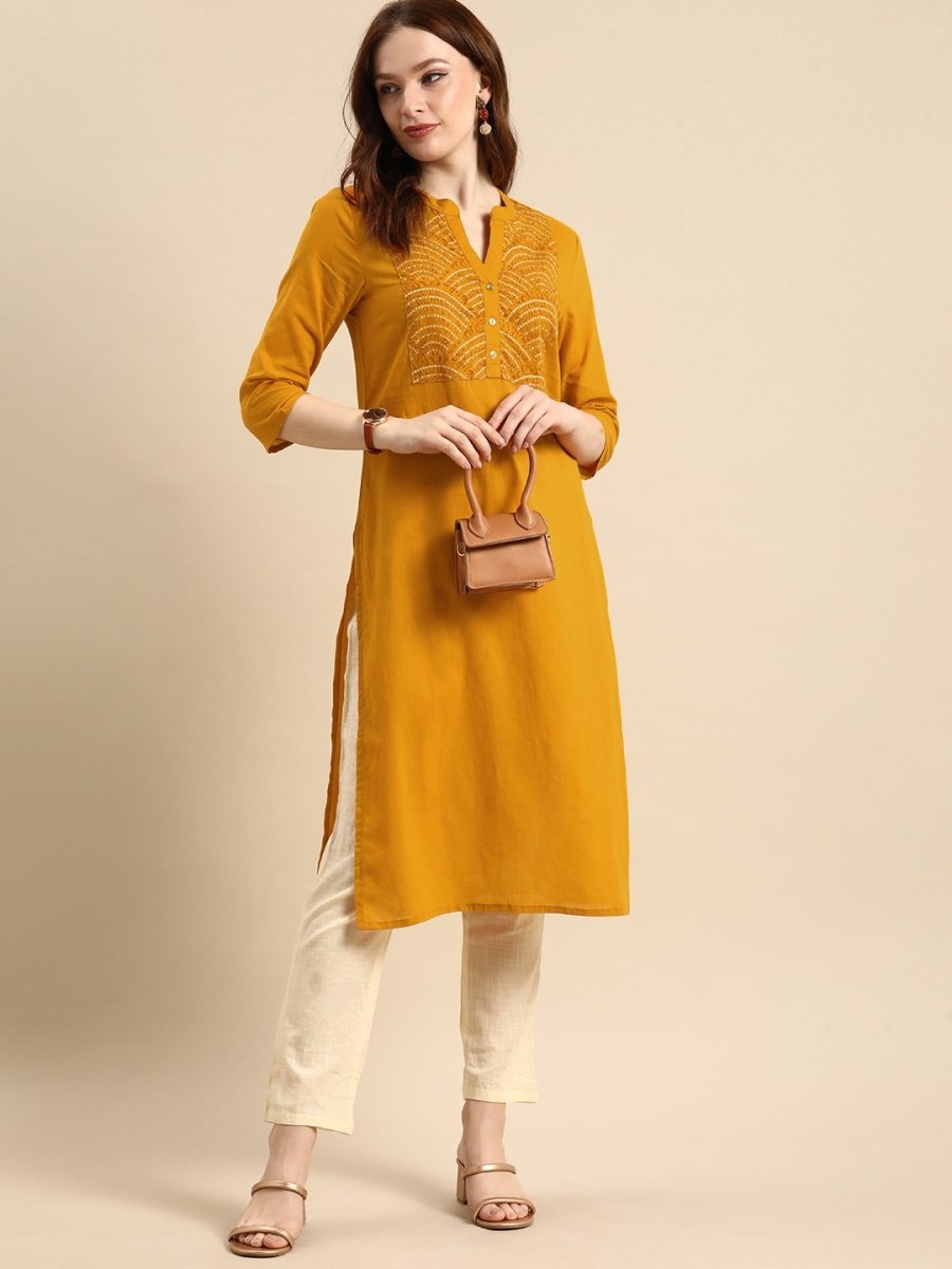 All About You Women Yellow Bandhani Yoke Design Pure Cotton Kurta