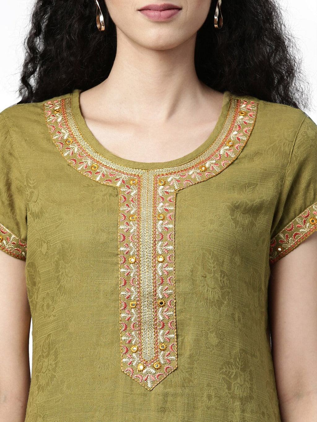 Souchii Olive Green Woven Design Kurta