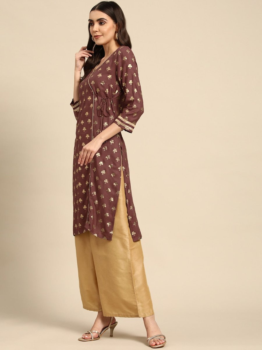All About You Women Brown & Golden Ethnic Motifs Printed Gotta Patti Kurta