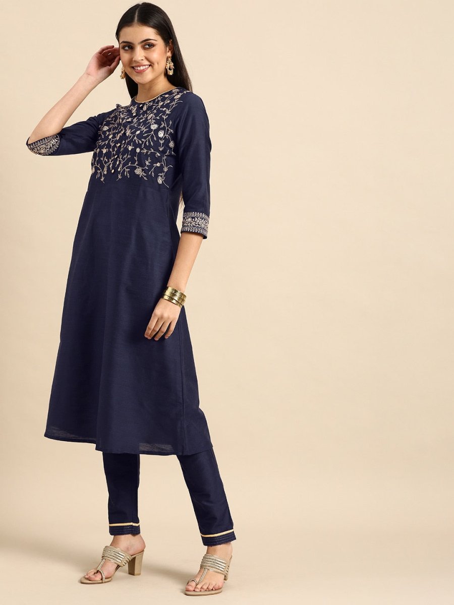 All About You Women Navy Blue Embroidered Kurta with Trousers & With Dupatta