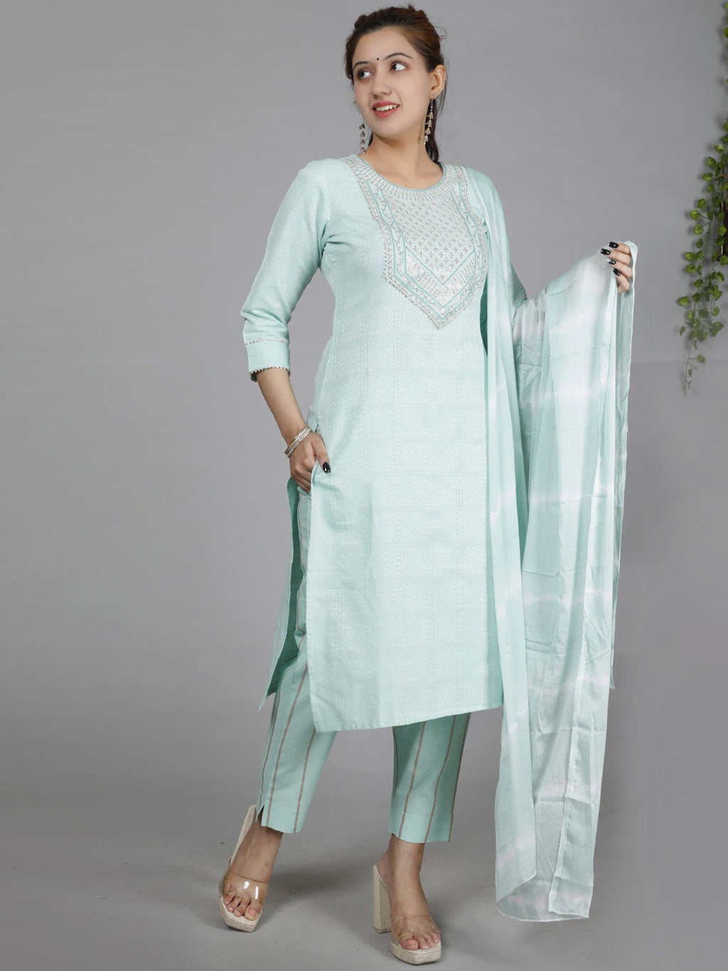 HERE&NOW Green Ethnic Motifs Embroidered Sequined Cotton Kurta Set