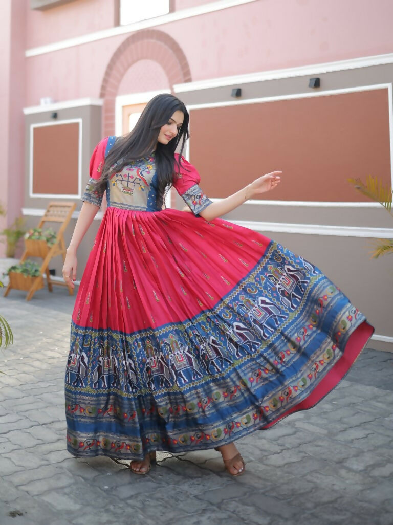 Jyoti Fashion Women's Rani Pink Patola with Foil Print Dola Silk Anarkali Dress