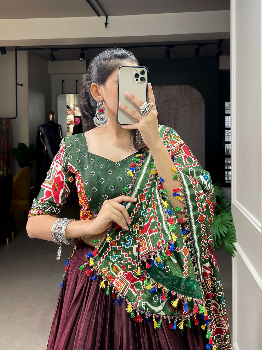 Vastranavya Navaratri Special Dola Silk Patola Print With Gamthi Work and Mirror Work Lace Border - Brown