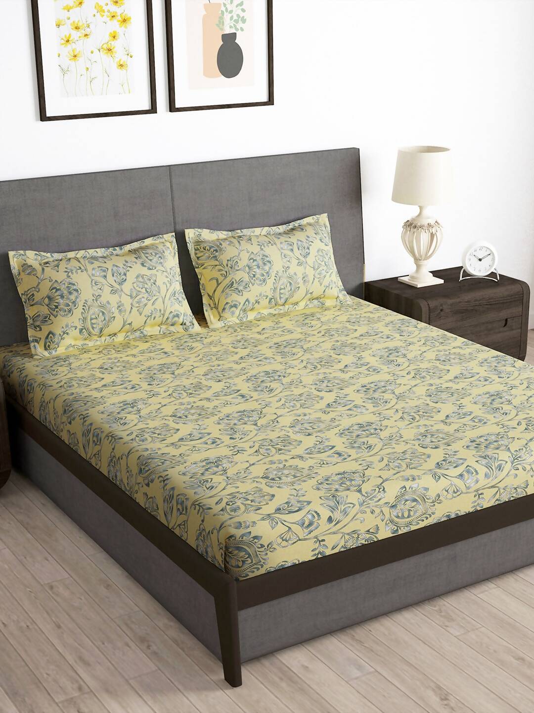 Story@home Cream-Coloured & Grey Floral Microfiber 180 TC Bedsheet & Pillow Cover