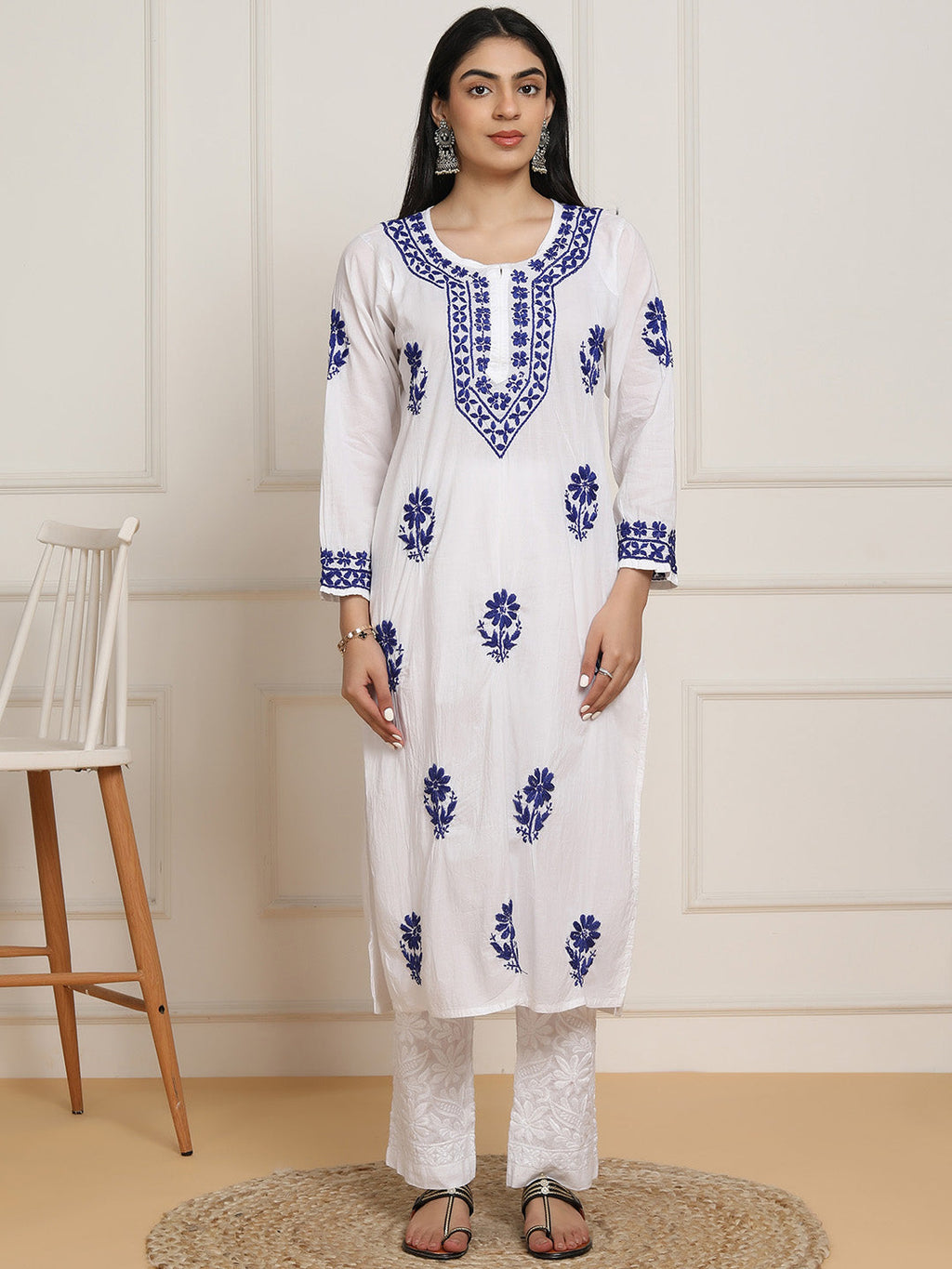 HOUSE OF KARI Women Ethnic Motifs Embroidered Regular Chikankari Pure Cotton Kurta with Trousers