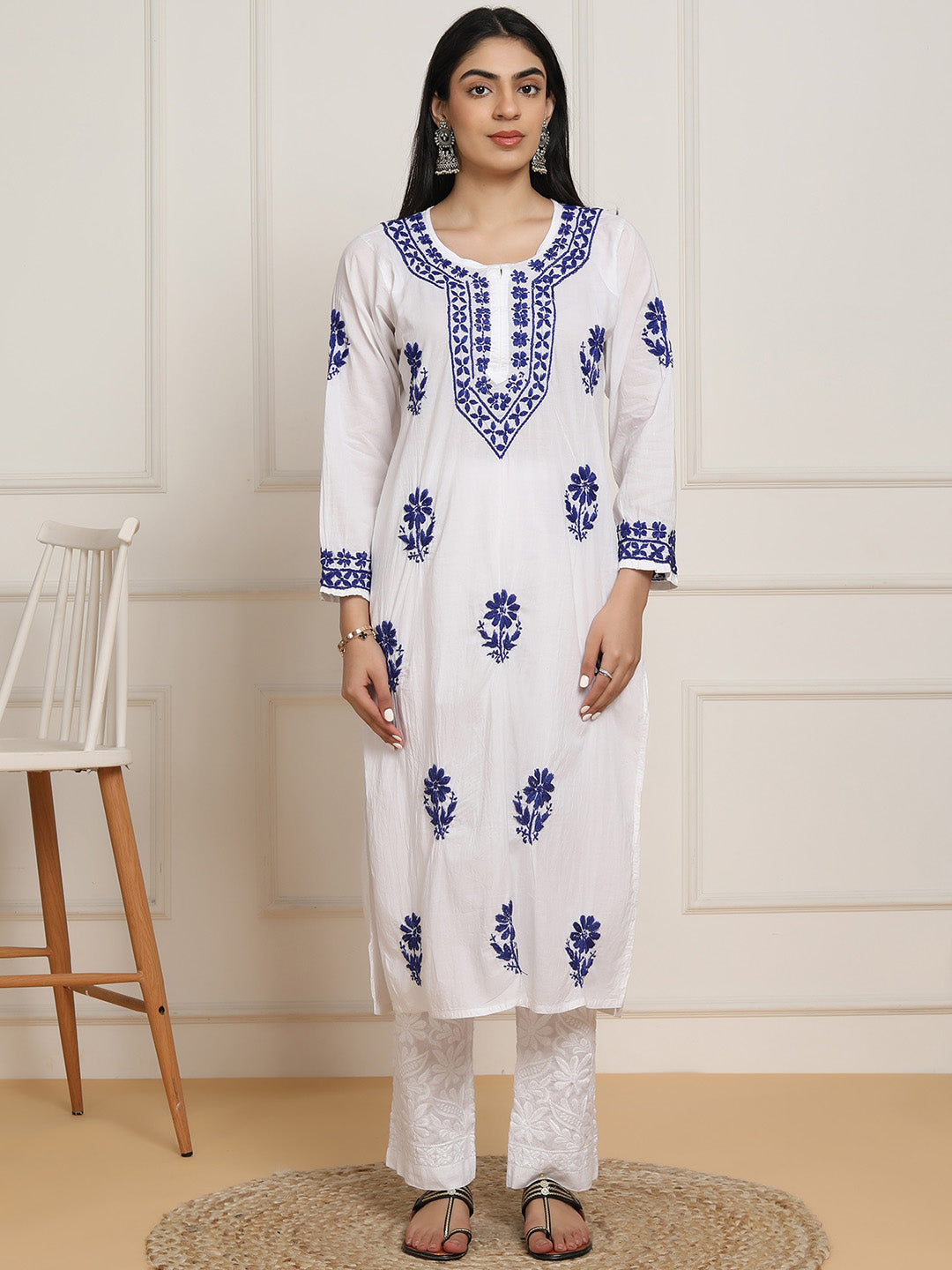 HOUSE OF KARI Women Ethnic Motifs Embroidered Regular Chikankari Pure Cotton Kurta with Trousers