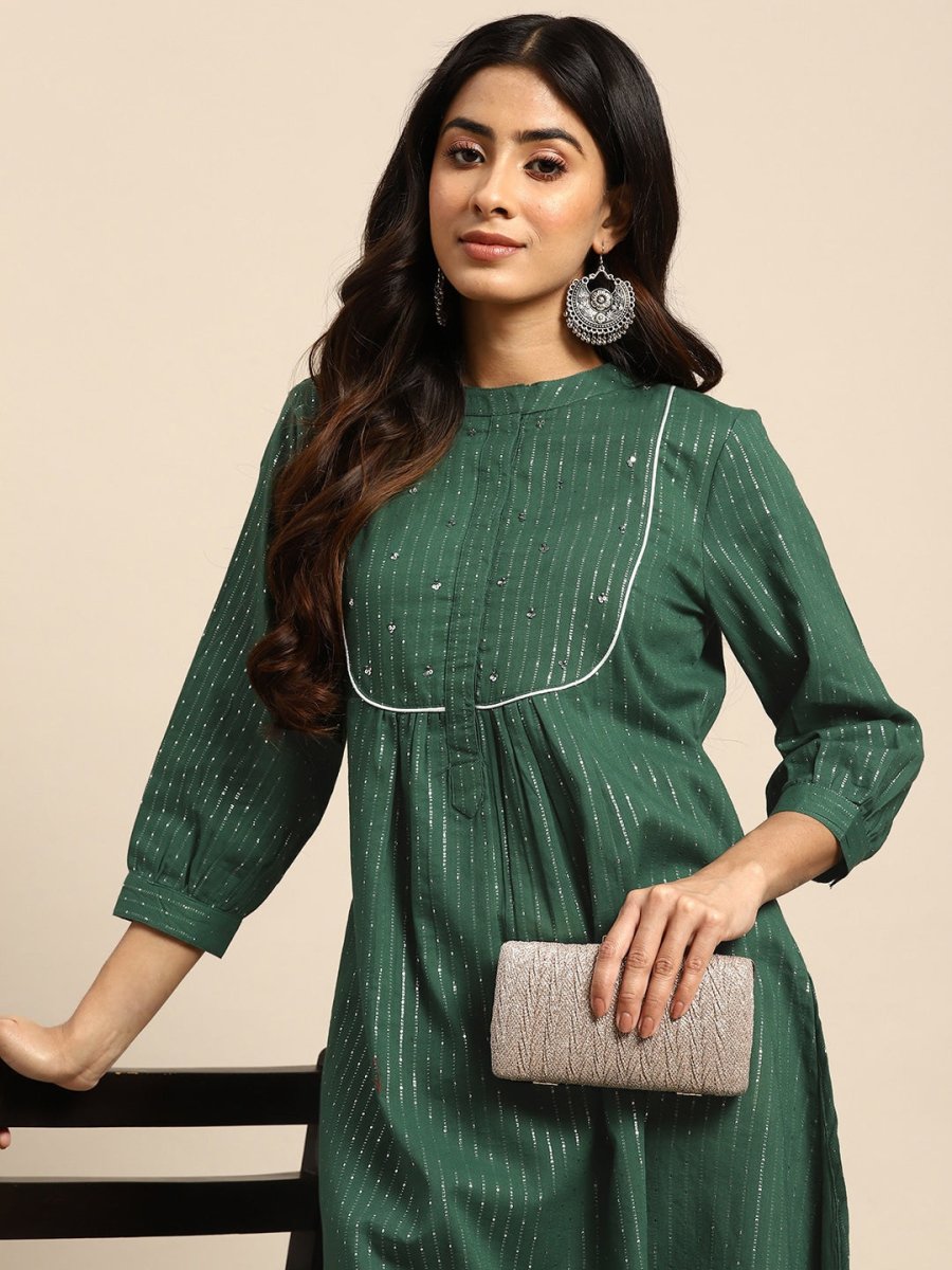 All About You Striped Pleated Sequinned Pure Cotton Kurta with Trousers