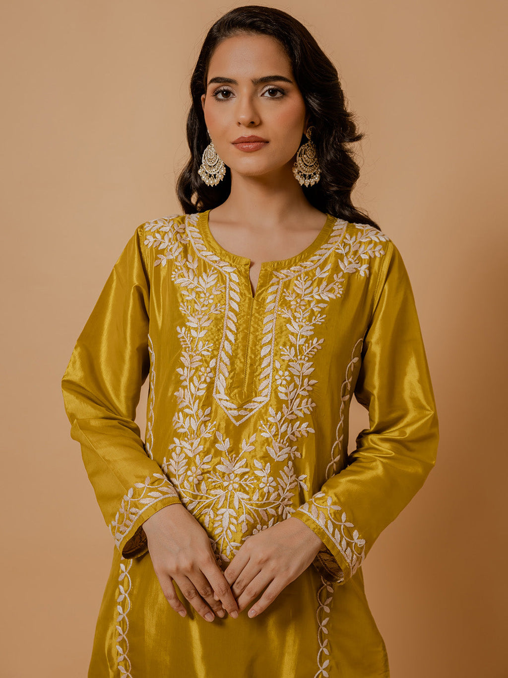 HOUSE OF KARI Floral Embroidered Silk Chikankari Kurta