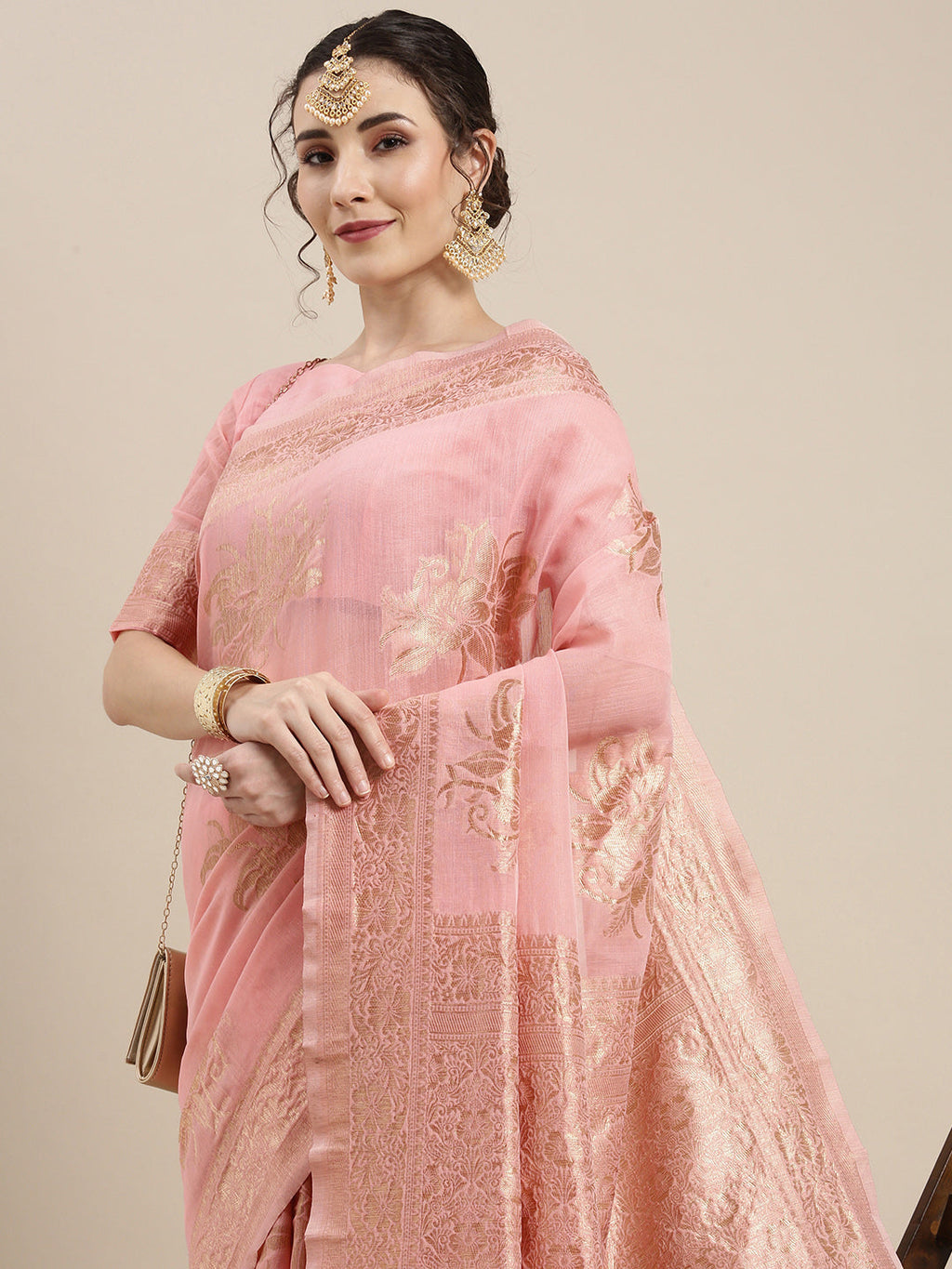Saree Mall Pink Floral Linen Blend Banarasi Saree