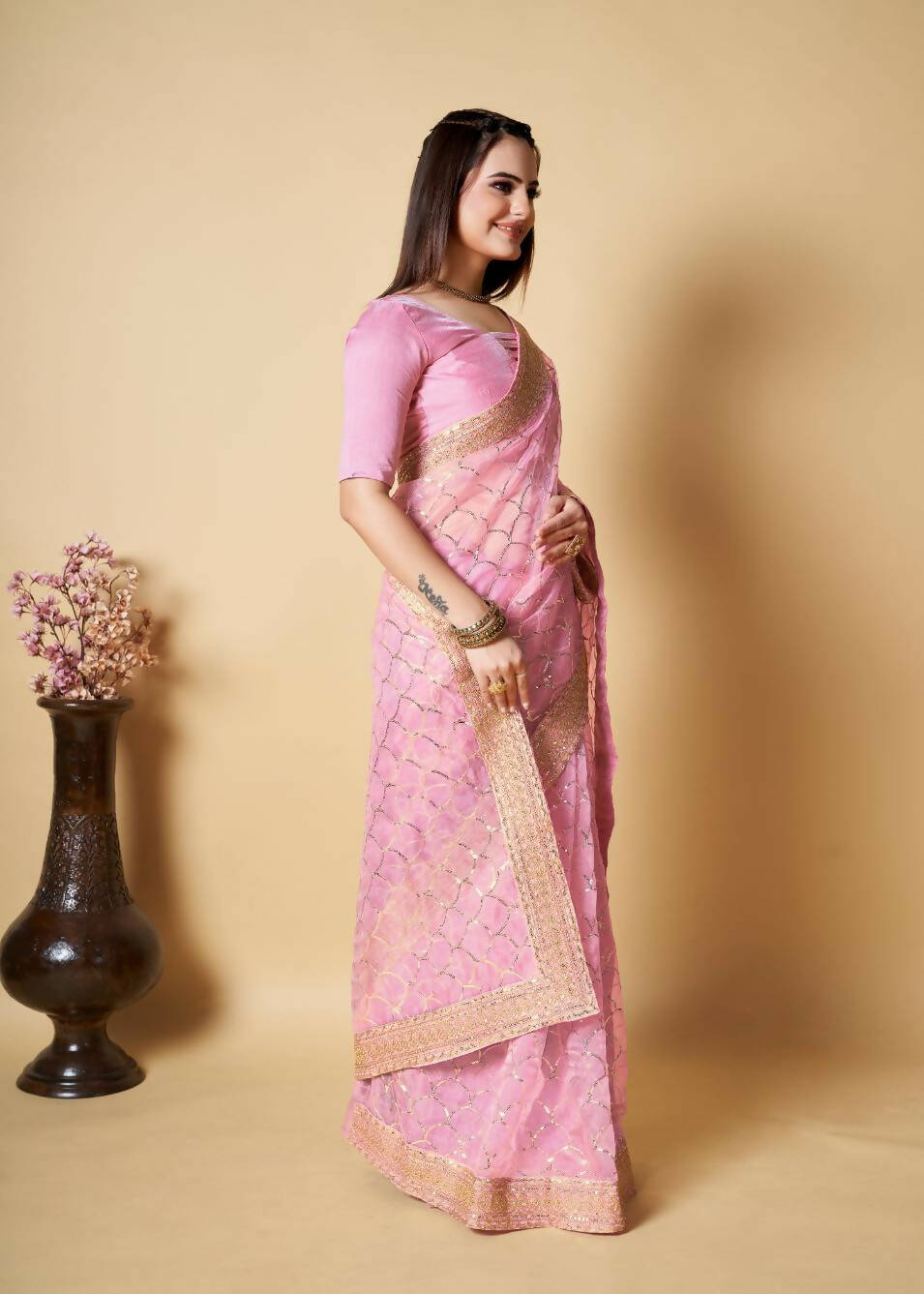 Vamsee Pink Organza Saree