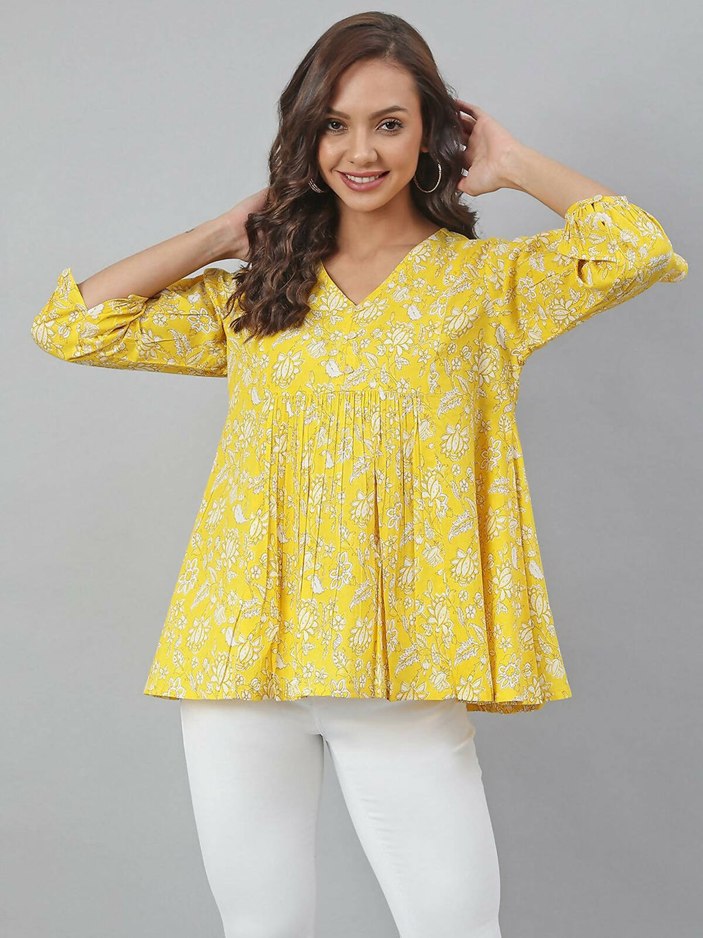 Janasya Women's Yellow Cotton Floral Print Flared Top