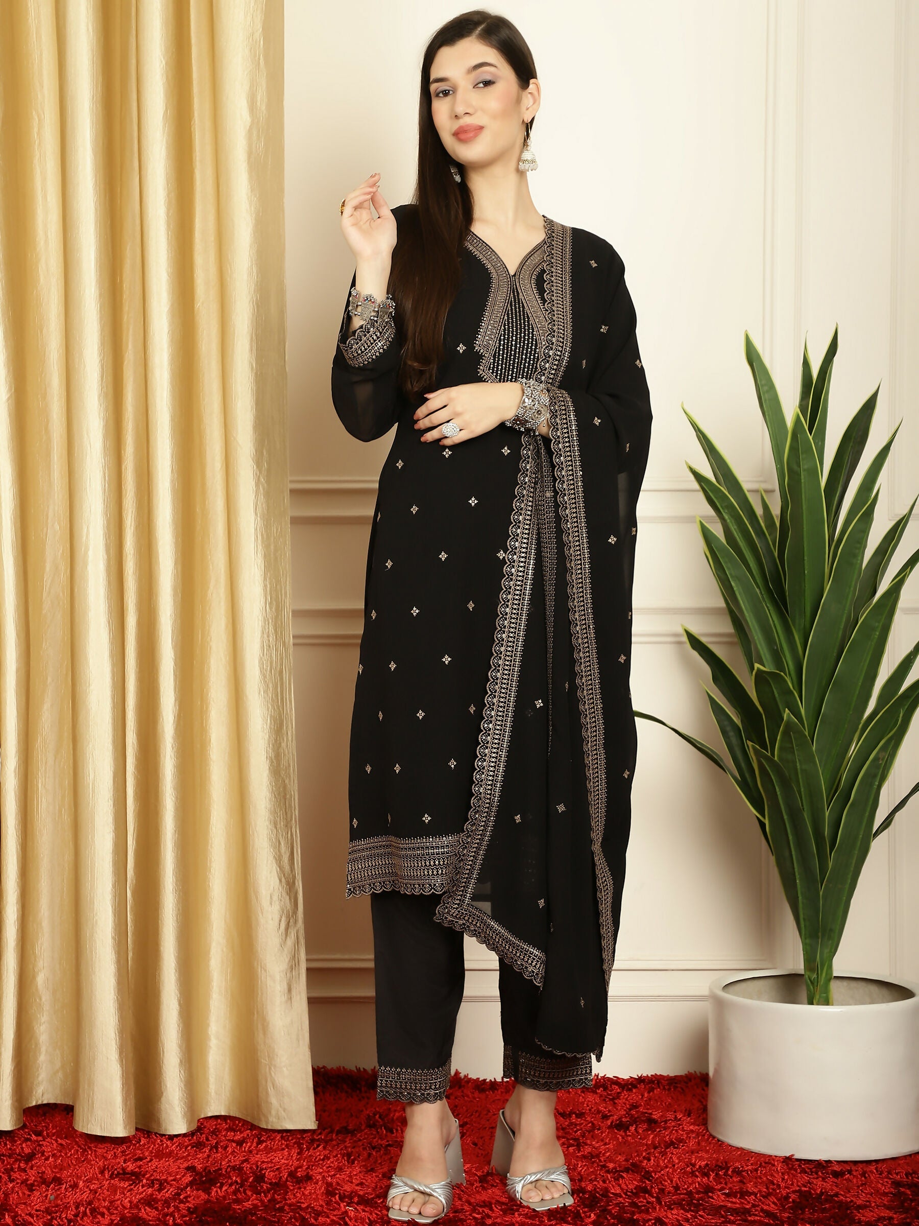 Jyoti Fashion Women's Black Georgette Resham Thread & Sequin Kurta with Trouser & Dupatta