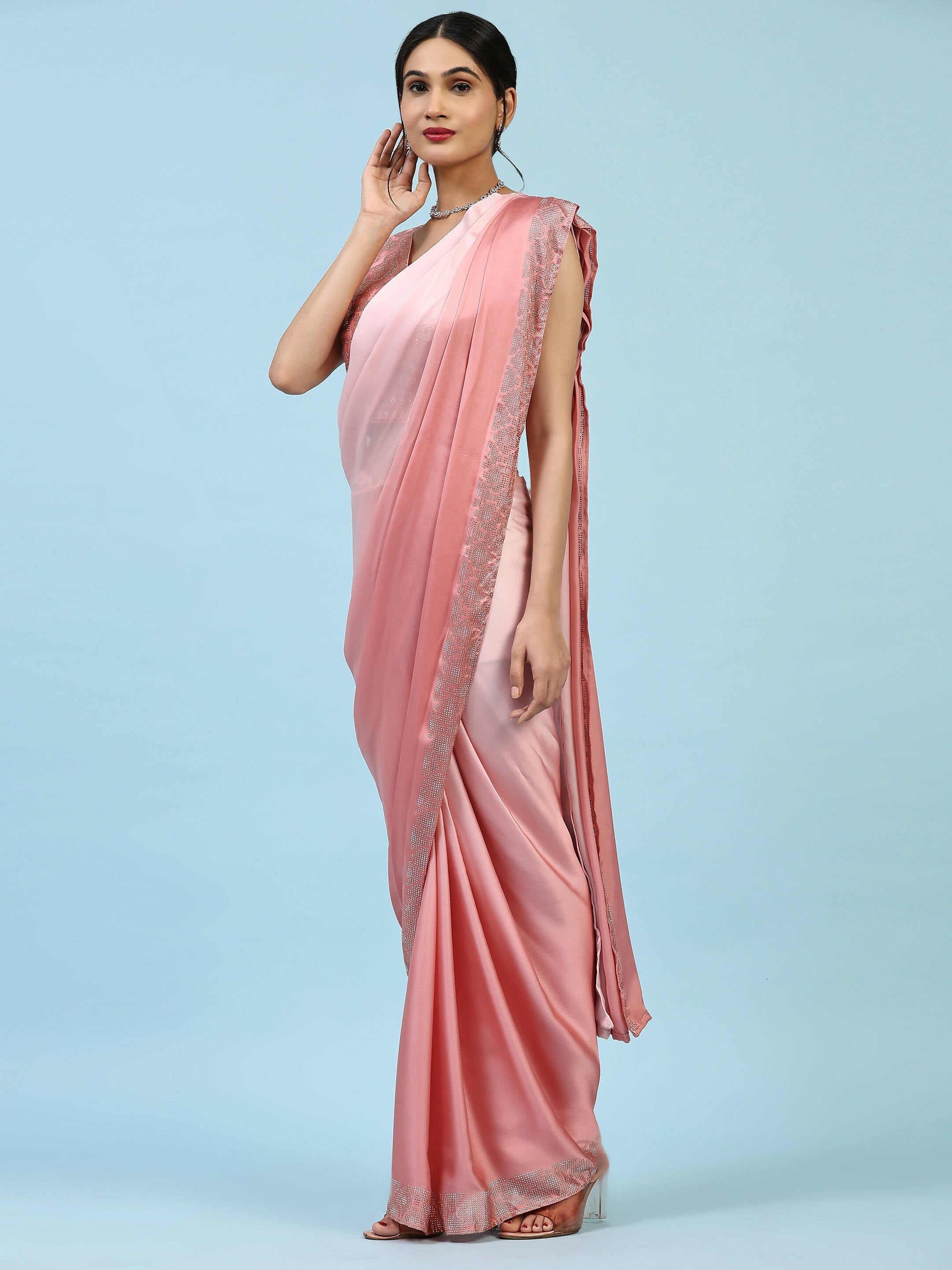 Peach Ombre Satin Georgette Plain Ready to wear Saree with stitched Blouse - Vrinda
