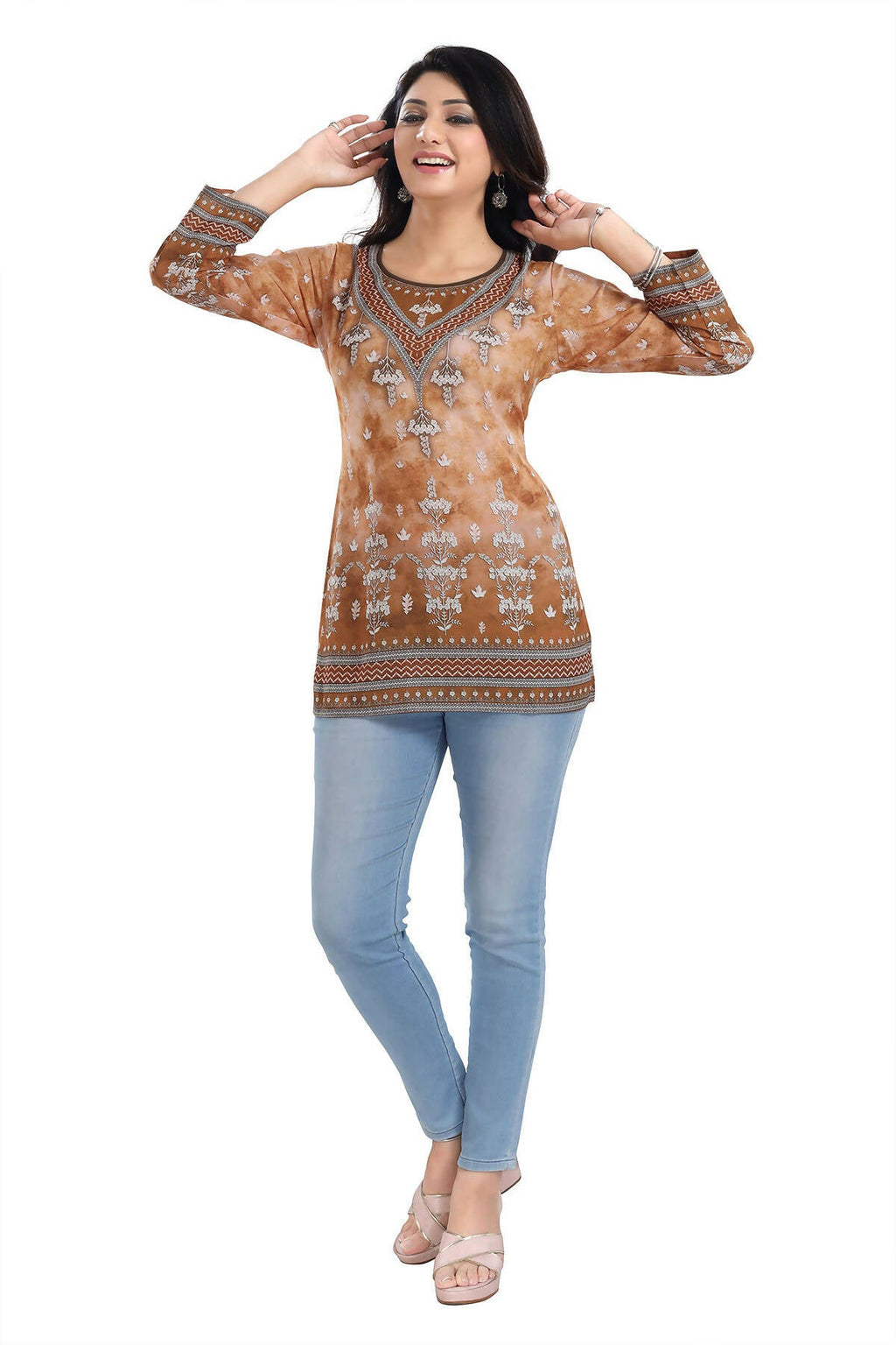 Snehal Creations Rustic Brown Faux Crepe Printed Short Kurti Tunic Top