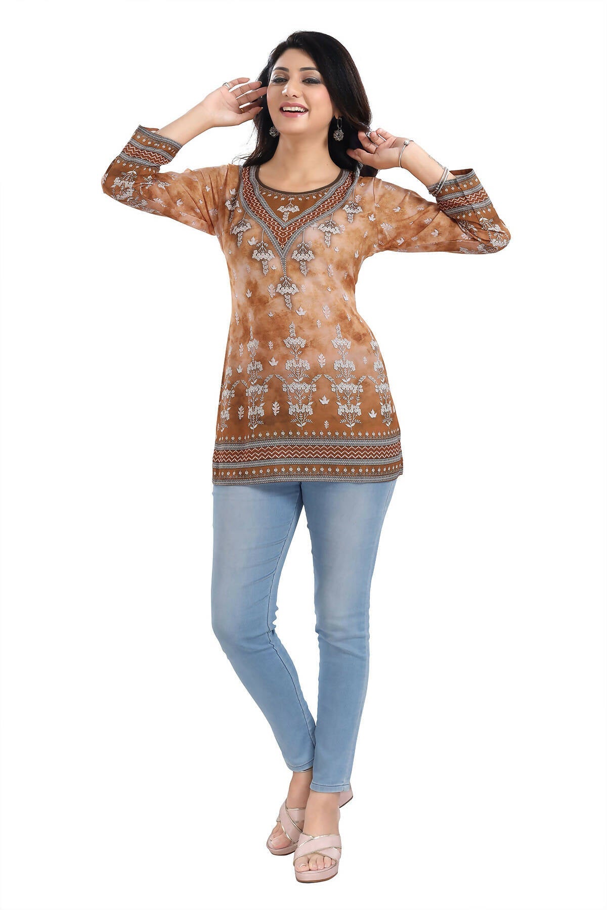 Snehal Creations Rustic Brown Faux Crepe Printed Short Kurti Tunic Top