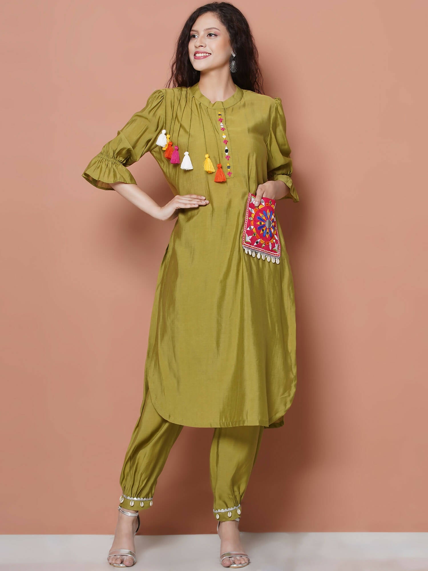 Women Republic Green Art Silk Embroidered Kurta with Afghani Salwar