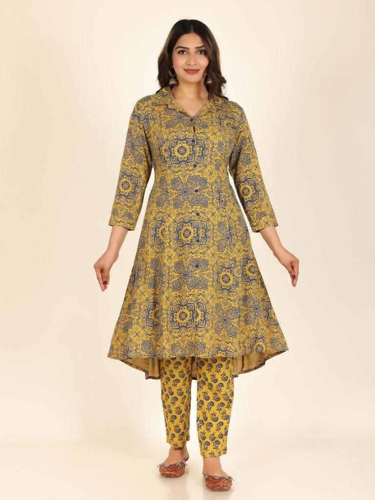 Aramya Yellow Rayon Geometric Print High Low Kurta Pant Set for Women