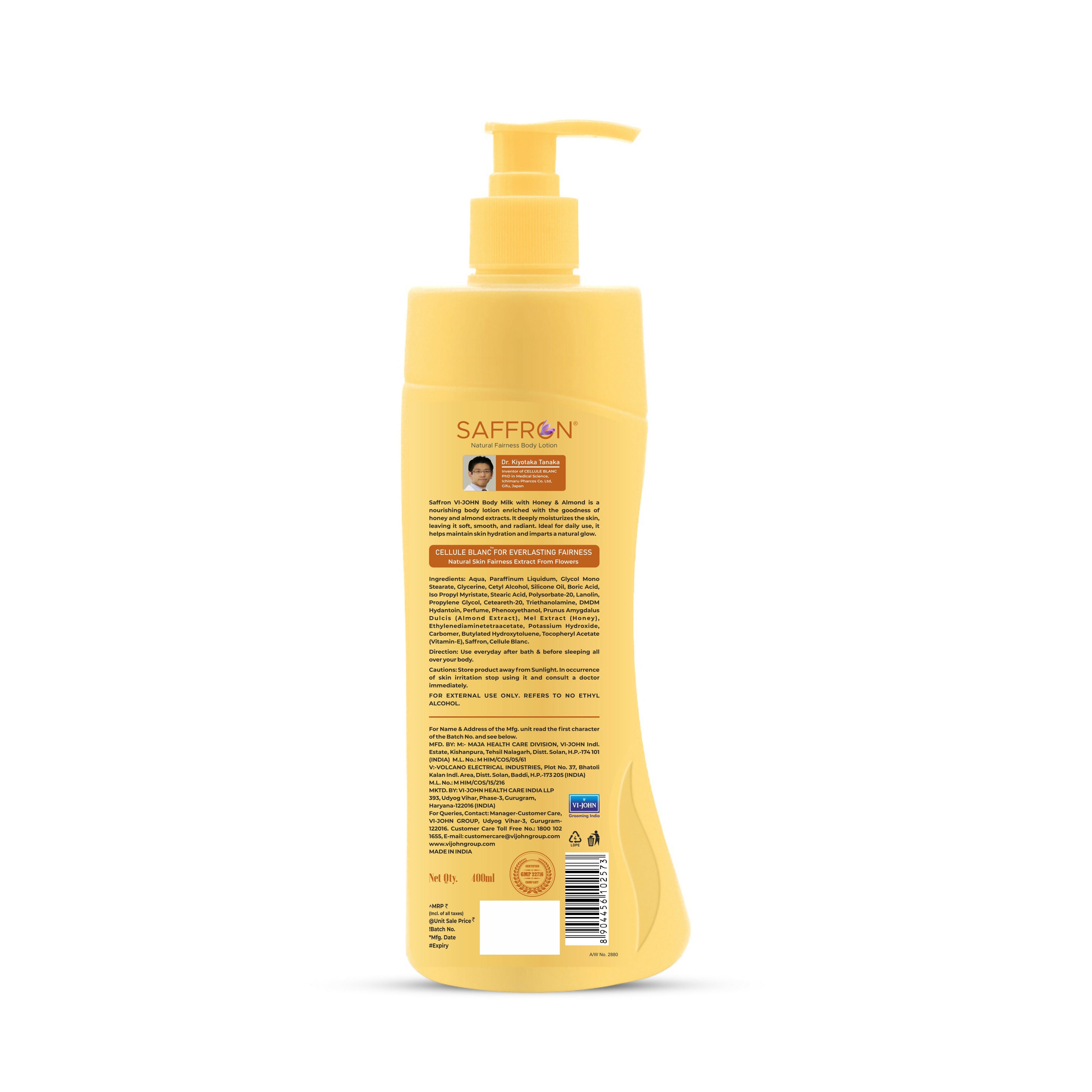 VI-JOHN Saffron Natural Fairness Body Lotion Body Milk with Honey & Almond Deep Nourishment & Radiant Glow For All Skin Types