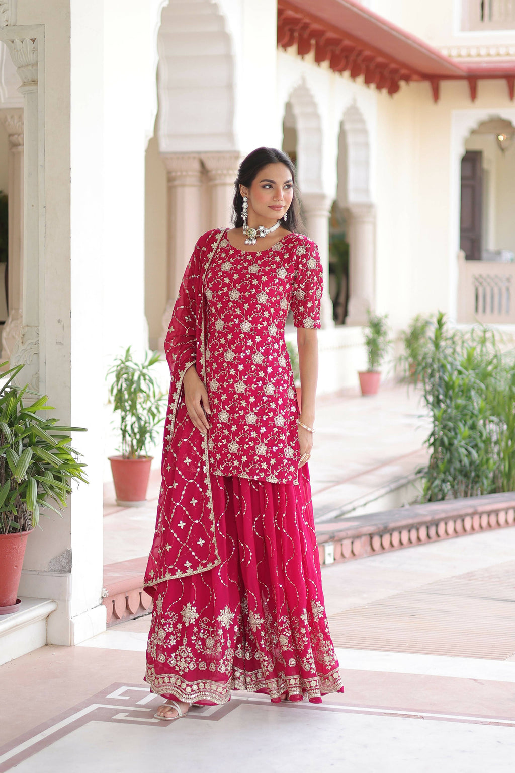 Joban Fashion Pink Readymade Kurta Set With Sequence embroidery Work