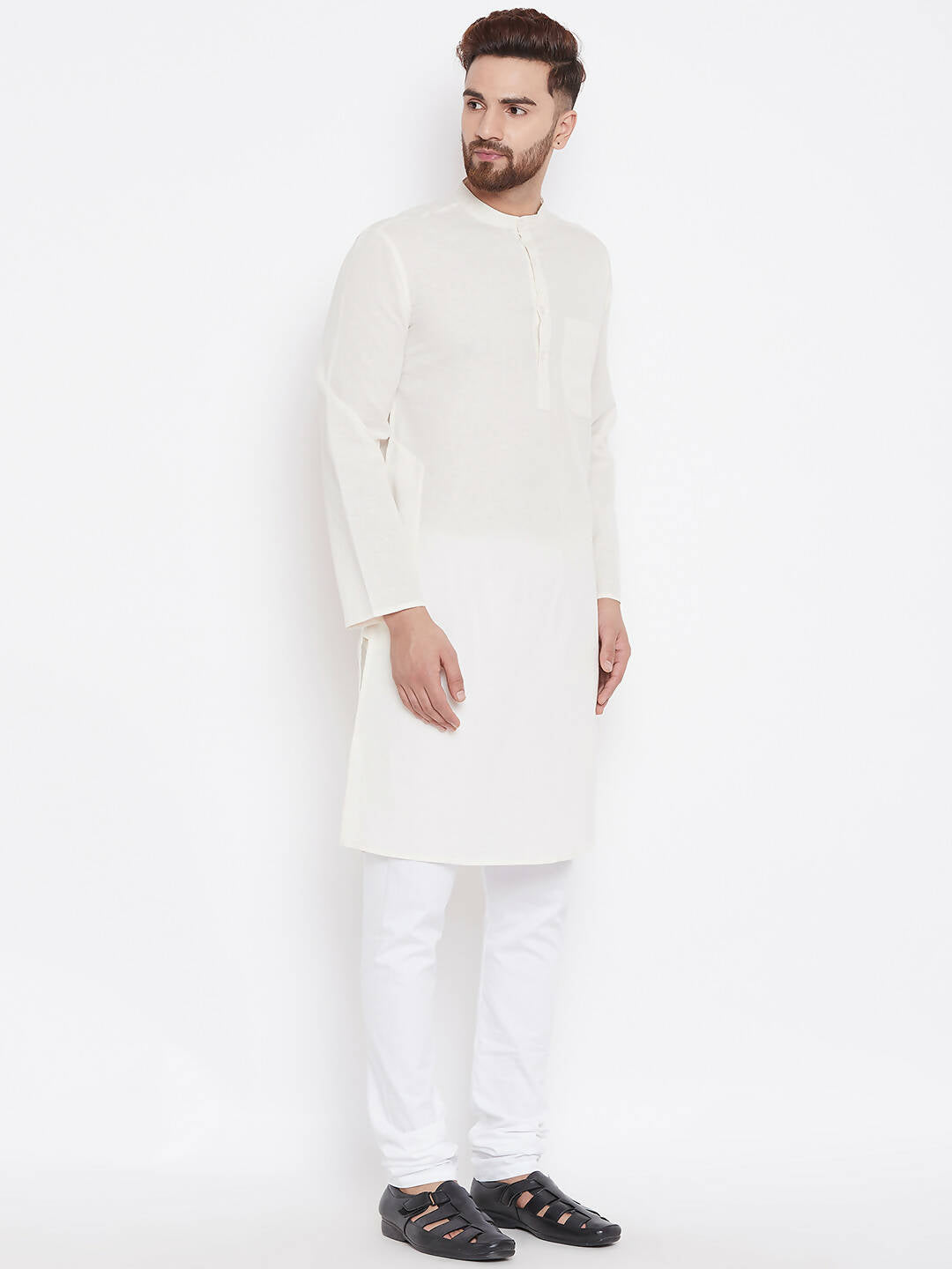 Even Apparels Cream Linen Men's Kurta With Band Collar