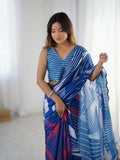 Blue Chinon Designer Digital Printed,Mirror Cut Work Saree - Manvika