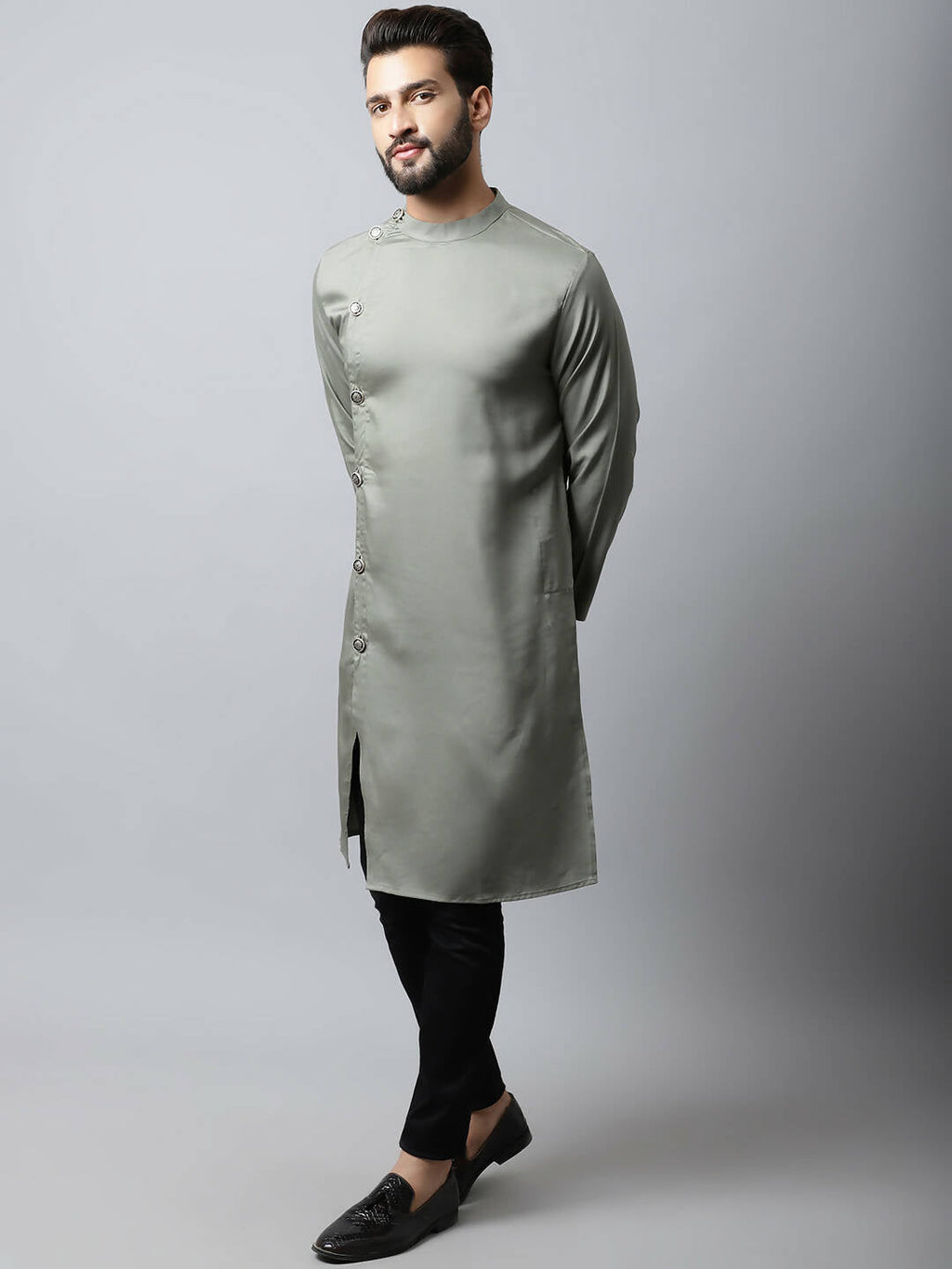 Even Apparels Grey Color Pure Cotton Sherwani Men's Kurta With Asymetrical Cut (SLD1181)