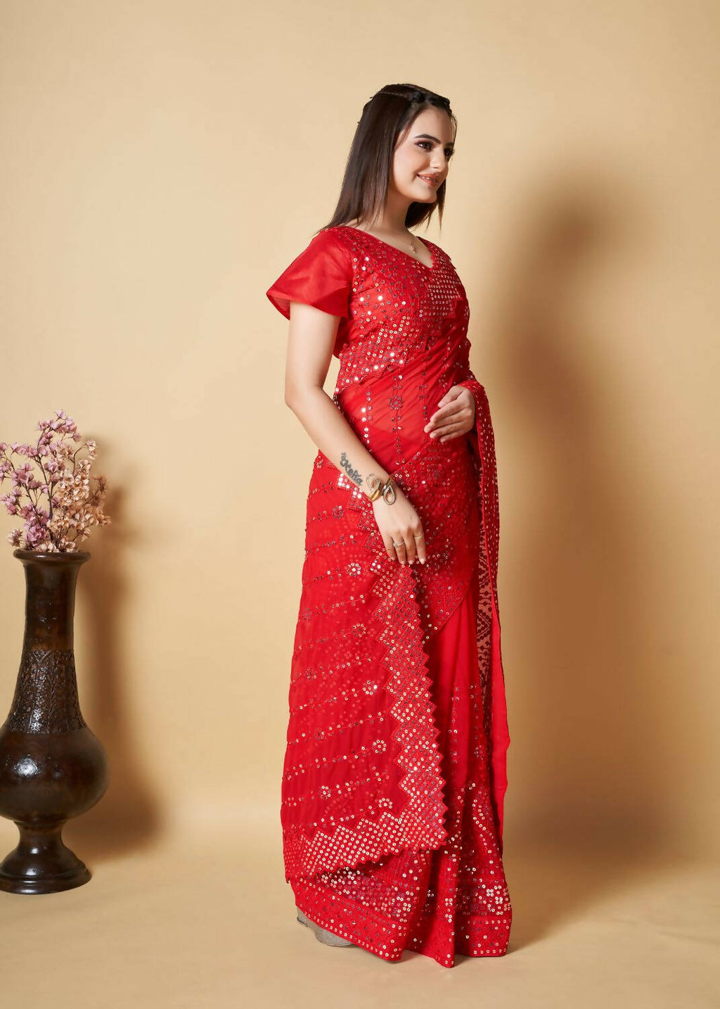 Vamsee Red Georgette Designer Saree