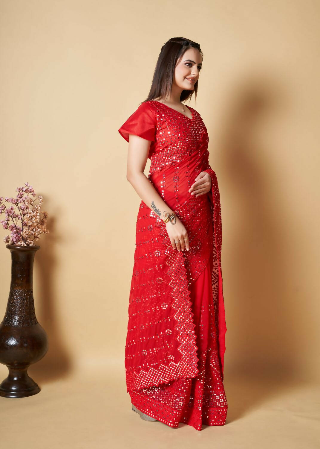 Vamsee Red Georgette Designer Saree