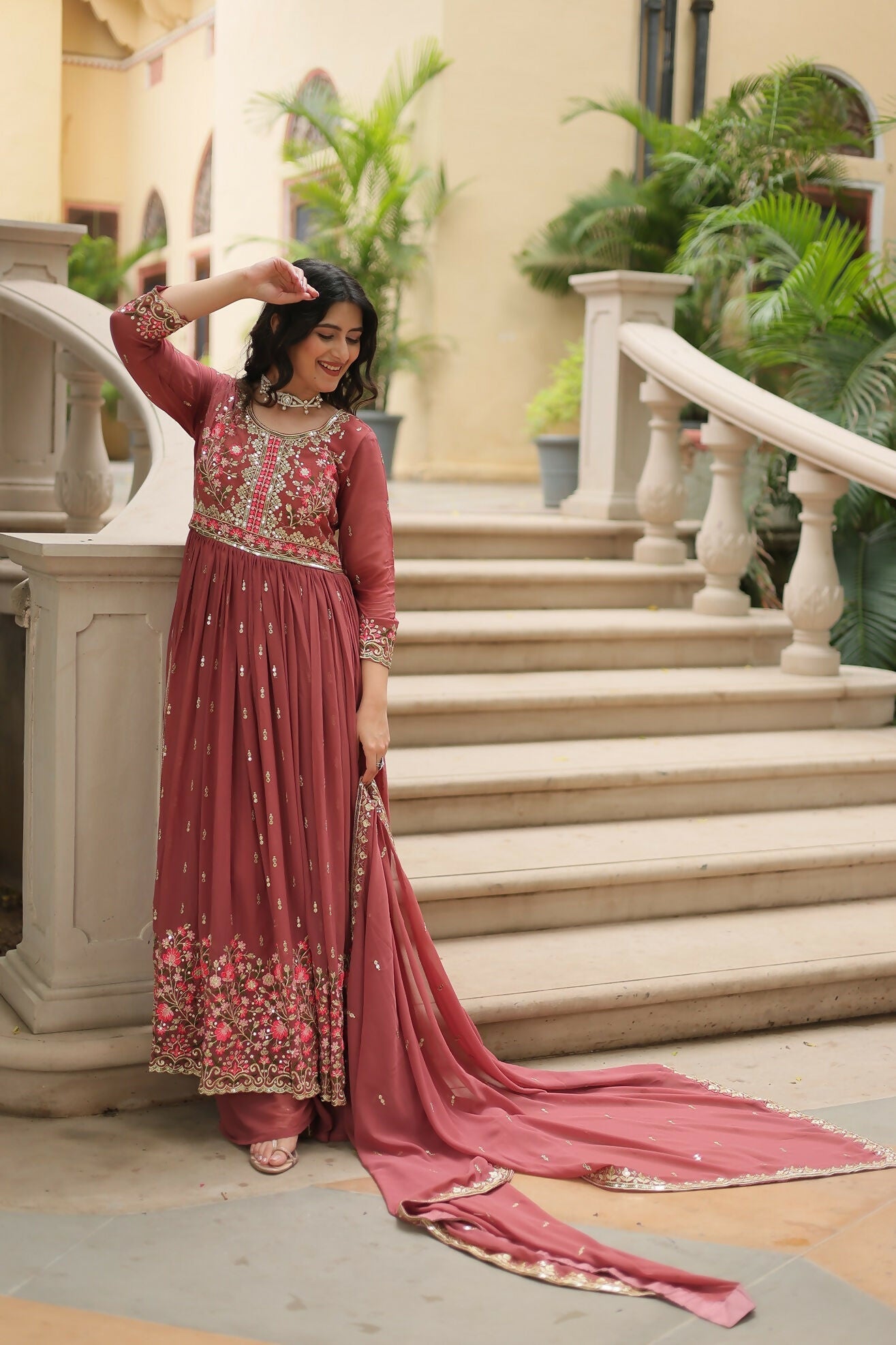 Joban Fashion Coffee Georgette Sequence Embroidery Work Kurta Set
