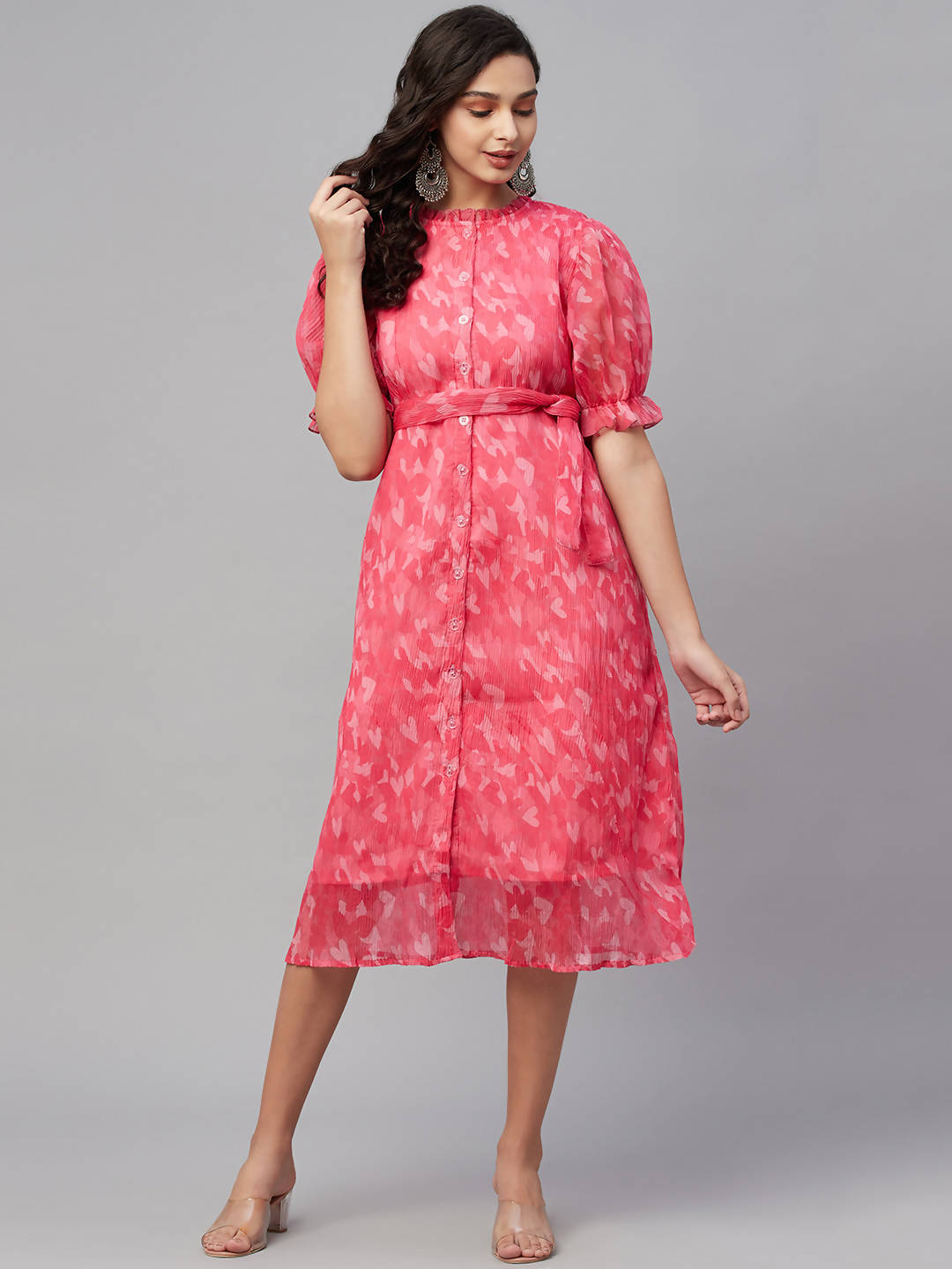 Myshka Women Pink Printed Half Sleeve Round Dress