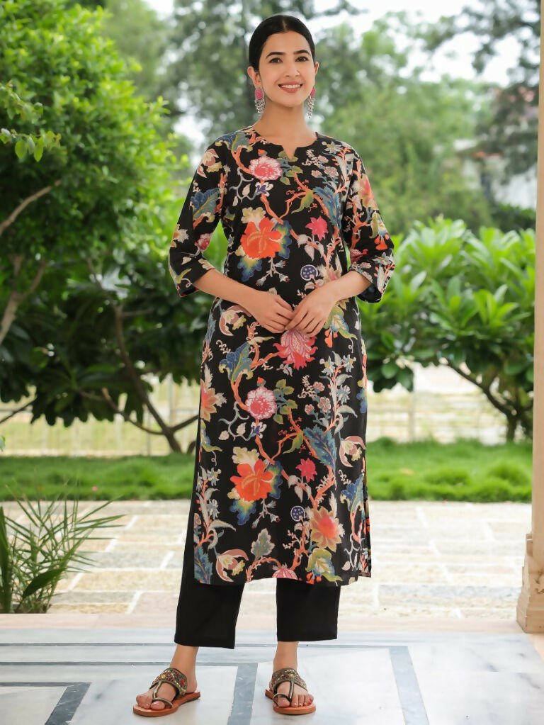 Aramya Straight Soft Cotton Floral Print Women's Kurta Set - Black
