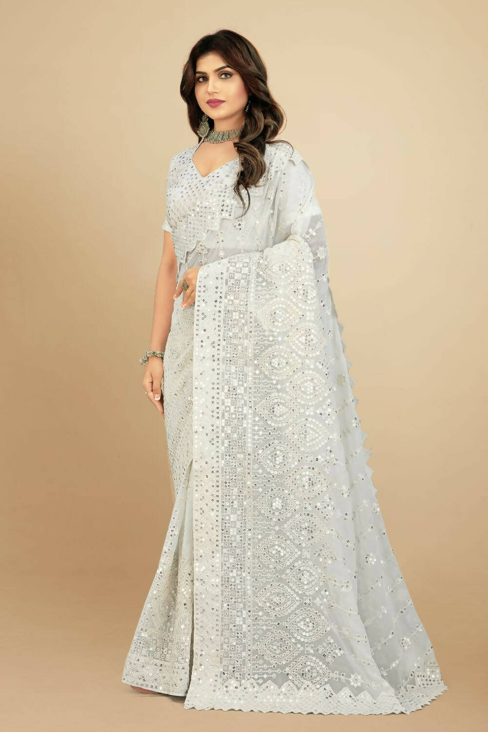 Vamsee White Georgette Designer Saree