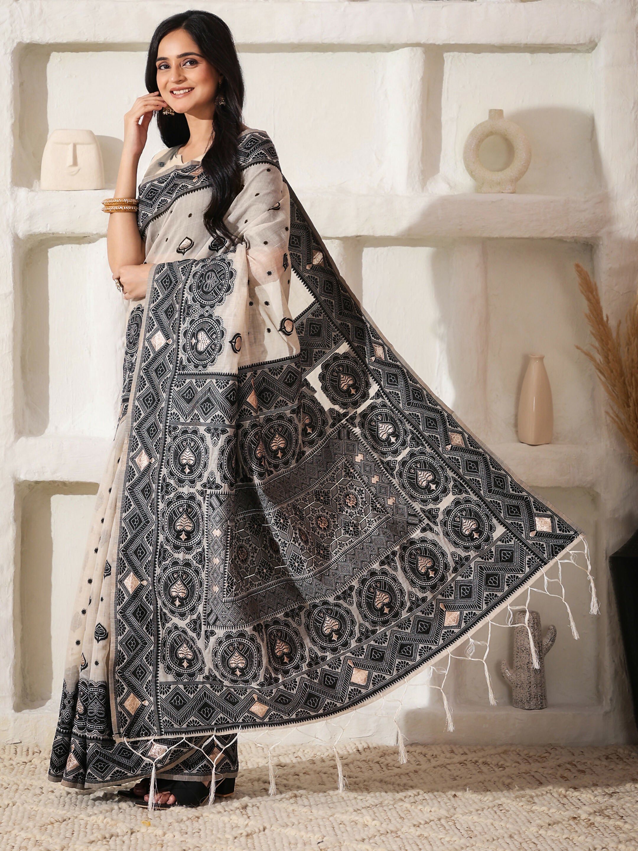 Shree Shyam Fashion Linen Cotton Black & Cream Saree