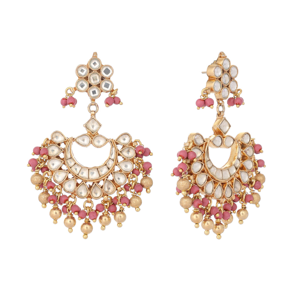 Nuyug 22k Gold-Plated Kundan Chandbali Earrings with Pink Stones