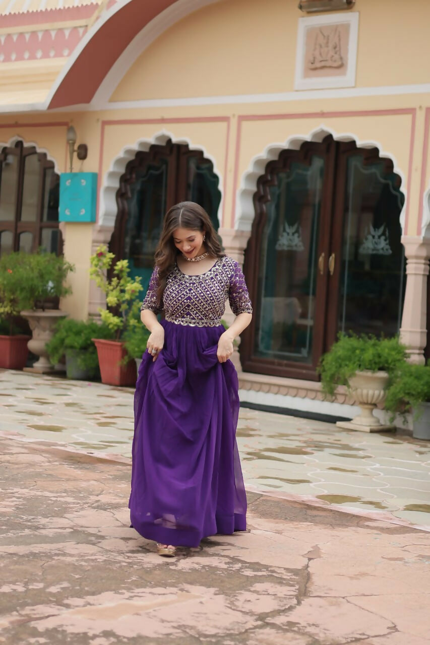 Vastranavya Faux Blooming with Embroidery Zari Sequins-work Gown - Purple