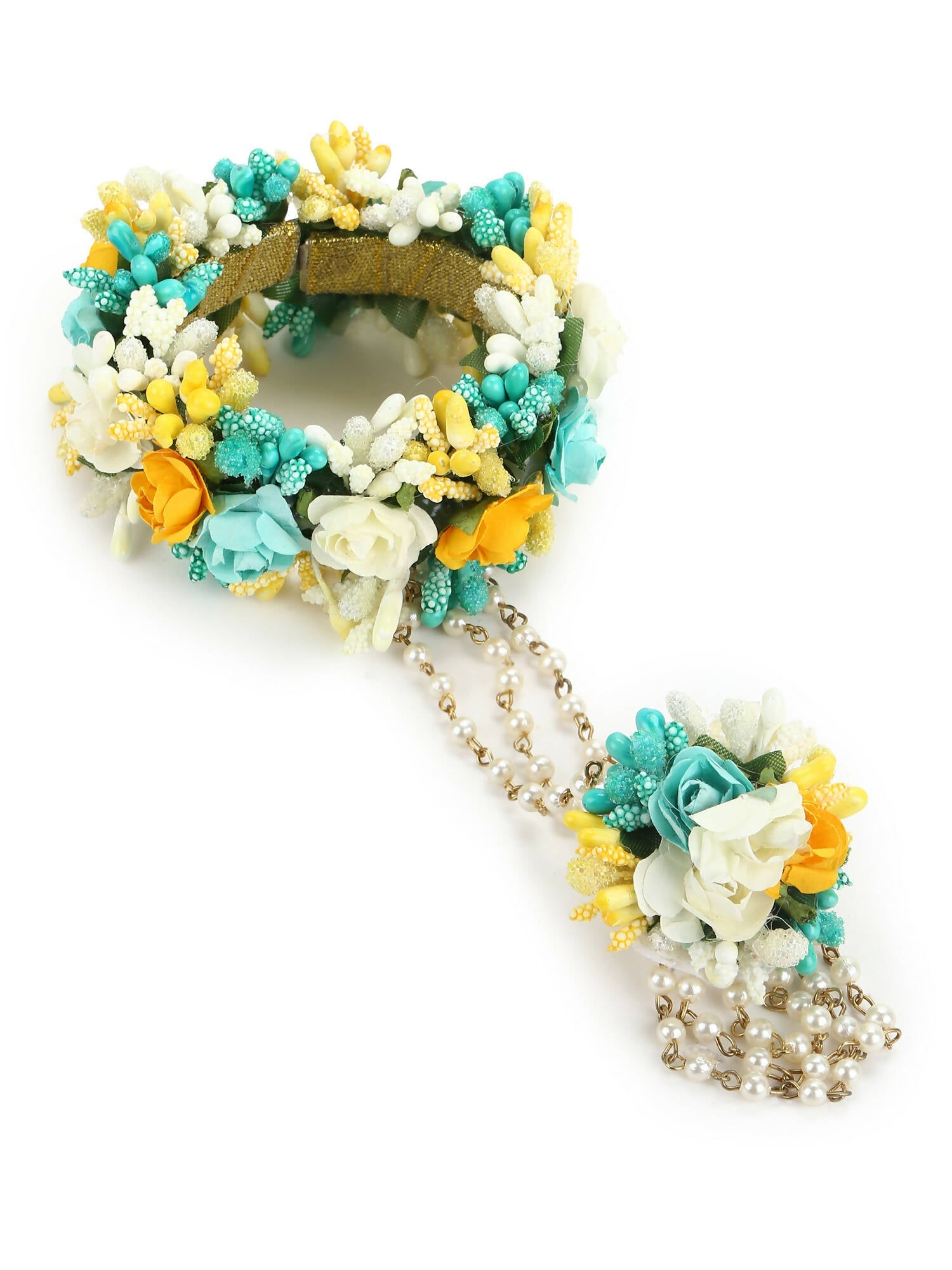 Flower Jewellery Gold-Polished Turquoise Blue Floral Jewellery Set - Ruby Raang