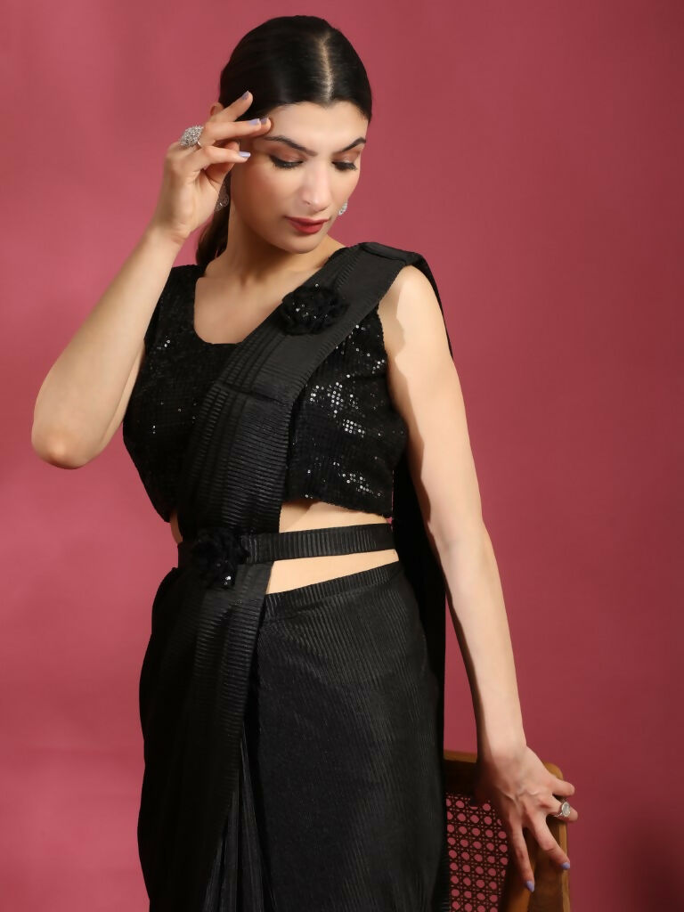 Black Imported Crush Lycra Texture Pattern Ready to Wear Saree with stitched Blouse - Nirvana